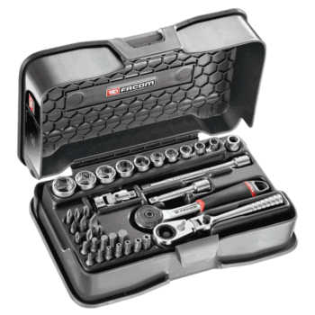 Facom 37-piece set of 1/4 inch metric 6-point socket and bit set in a black case with various tools and accessories.