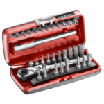Facom 1/4'' bit set with 31 pieces in a red case, including various screwdriver bits and a ratchet handle.