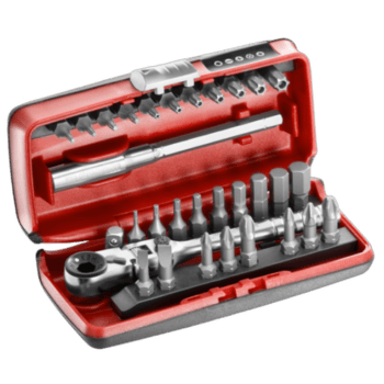 Facom 1/4'' bit set with 31 pieces in a red case, including various screwdriver bits and a ratchet handle.