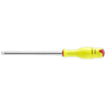 Yellow-handled flat-head screwdriver with a long metal shaft on a black background.