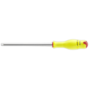 Yellow-handled flat-head screwdriver with a long metal shaft on a black background.