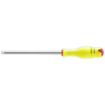 Yellow-handled flat-head screwdriver with a long metal shaft on a black background.