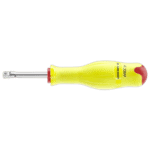 Yellow and red screwdriver with ergonomic handle for professional use, ideal for mechanics and DIY enthusiasts.