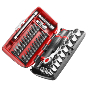 Facom set of 6-point 1/4 inch metric sockets with ratchet and accessories in a compact case.