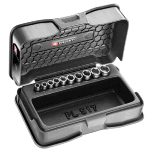 Facom set of 1/4 inch sockets in a black plastic case with a textured interior and labelled PL-S17 for automotive or mechanical use.