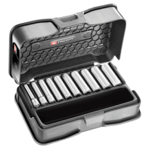 Facom 1/4 inch socket set in a black plastic case with ten chrome sockets inside.