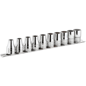 Set of 13 Facom metric 6-point 1/4 inch drive sockets on a rack, ideal for automotive and mechanical work.