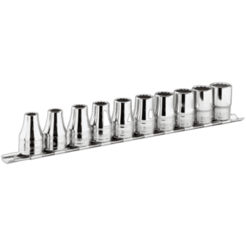 Set of 11 Facom 1/4 inch 6-point sockets on rack, ideal for automotive and mechanical repairs.