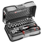 Facom 28-piece socket set with ratchet and screwdriver in a black case, suitable for automotive and mechanical work.