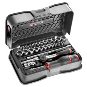 Facom 28-piece socket set with ratchet and screwdriver in a black case, suitable for automotive and mechanical work.