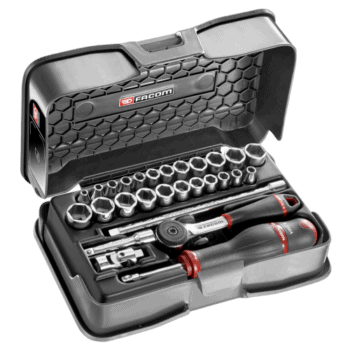 Facom 28-piece socket set with ratchet and screwdriver in a black case, suitable for automotive and mechanical work.