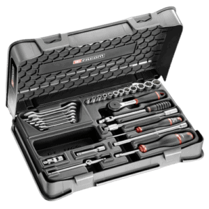 Complete set of Facom 27-piece 1/4 inch metric socket and wrench set in a durable case.