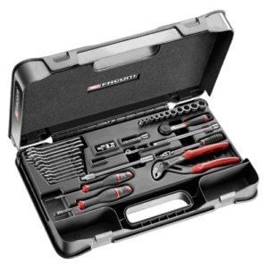 Facom 32-piece metric 1/4 inch socket and wrench set in a black case with red accents, suitable for automotive and mechanical work.