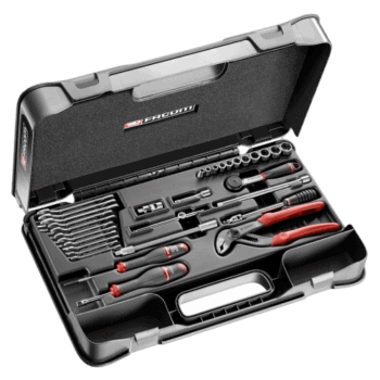 Facom 32-piece metric 1/4 inch socket and wrench set in a black case with red accents, suitable for automotive and mechanical work.