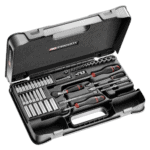 Facom 61-piece 1/4 metric 6-point socket set in a black case with various sockets and tools for automotive and mechanical work.