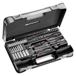 Facom 61-piece 1/4 metric 6-point socket set in a black case with various sockets and tools for automotive and mechanical work.