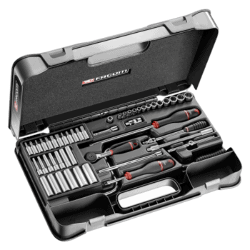 Facom 61-piece 1/4 metric 6-point socket set in a black case with various sockets and tools for automotive and mechanical work.