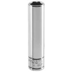 Close-up of a Facom R.LA 1/4 long-reach metric 6-point socket in silver finish, isolated on black background.