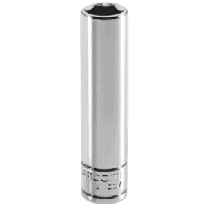 Close-up of a Facom R.LA 1/4 long-reach metric 6-point socket in silver finish, isolated on black background.