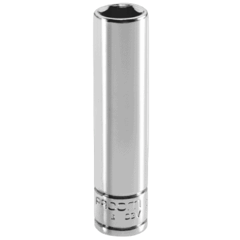 Close-up of a Facom R.LA 1/4 long-reach metric 6-point socket in silver finish, isolated on black background.