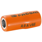 Facom R.AVSE VSE series 1,000 Volt insulated 6-point 1/4 sockets in orange with black branding.