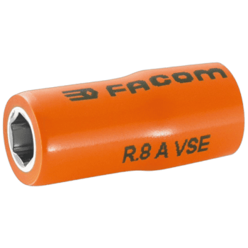 Facom R.AVSE VSE series 1,000 Volt insulated 6-point 1/4 sockets in orange with black branding.