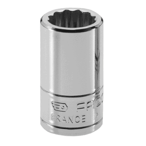 Facom R.E 1/4 drive metric 12-point socket with engraved 'FRANCE' marking, shiny chrome finish, suitable for automotive and mechanical work.