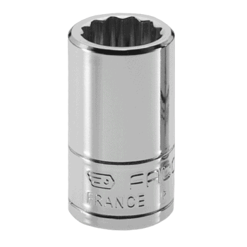 Facom R.E 1/4 drive metric 12-point socket with engraved 'FRANCE' marking, shiny chrome finish, suitable for automotive and mechanical work.