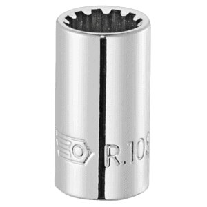 Close-up of a Facom R.S 1/4 Spline socket showing internal gear teeth and engraved markings.
