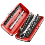 Facom 31-piece 1/4'' bit set in red case with various screwdriver bits and a ratchet handle for precision work.