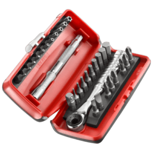 Facom 31-piece 1/4'' bit set in red case with various screwdriver bits and a ratchet handle for precision work.