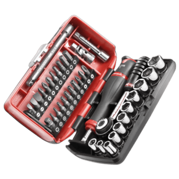 Facom set of 6-point 1/4 inch metric sockets with ratchet and accessories in a compact case for professional mechanics.