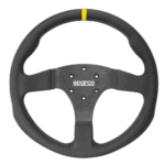 Sparco racing steering wheel designed for motorsport, featuring a black grip with a yellow marker at the top for quick orientation.
