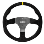 Sparco racing steering wheel designed for motorsport, featuring a black suede grip and a yellow marker at the top for racing precision.