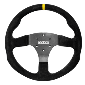 Sparco racing steering wheel designed for motorsport, featuring a black suede grip and a yellow marker at the top for racing precision.