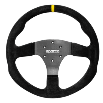 Sparco racing steering wheel designed for motorsport, featuring a black suede grip and a yellow marker at the top for racing precision.