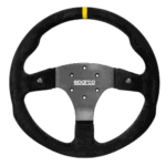 Sparco racing steering wheel with black suede grip and yellow marking at the top, designed for motorsport performance.