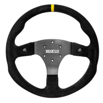 Sparco racing steering wheel with black suede grip and yellow marking at the top, designed for motorsport performance.