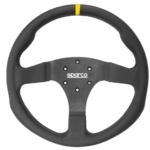 Sparco racing steering wheel with black grip and yellow marking at the top, designed for motorsport use.