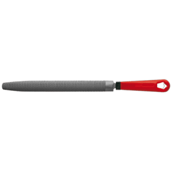 Facom RAB.DRDBA half-round bastard rasp with large cut, featuring a textured grey abrasive surface and a red handle for grip.
