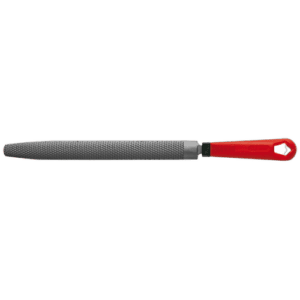 Facom RAB.DRDMDA half-round second-cut rasps medium cut with red handle for woodworking and shaping tasks.