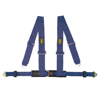 Grand Prix Racewear racing harness in blue with OMP branding, designed for motorsport safety and performance.