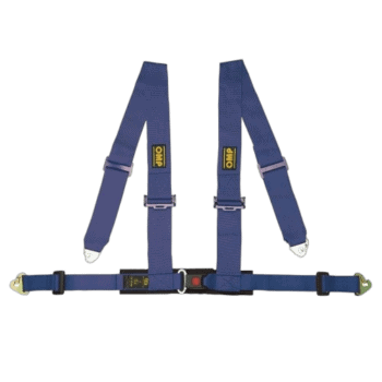 Grand Prix Racewear racing harness in blue with metal buckles, designed for motorsport safety and performance.