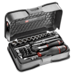 Facom 31-piece 1/4 inch 12-point thin wall socket and bit set in a black case with red accents, ideal for professional mechanics.
