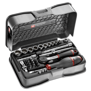 Facom 31-piece 1/4 inch 12-point thin wall socket and bit set in a black case with red accents, ideal for professional mechanics.