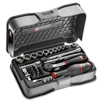Facom 31-piece 1/4 inch 12-point thin wall socket and bit set in a black case with red accents, ideal for professional mechanics.