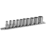 Set of 10 Facom 1/4 inch metric 12-point sockets on a rack, ideal for automotive and mechanical work.