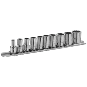 Set of 10 Facom 1/4 inch 12-point sockets on rack, ideal for automotive and mechanical work.