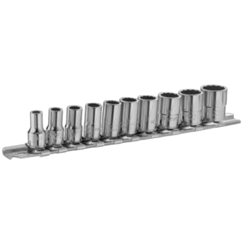 Set of 10 Facom 1/4 inch 12-point sockets on rack, ideal for automotive and mechanical work.