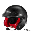 Black racing helmet with red interior padding from Grand Prix Racewear, designed for motorsport safety and performance.